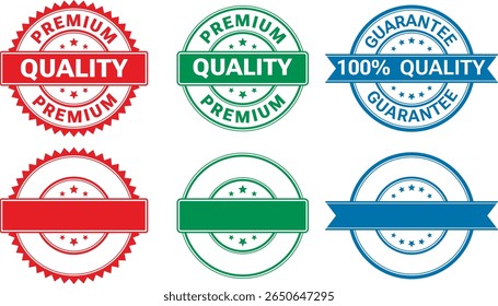 Premium Quality and Guarantee Label Set with Red Green Blue Circular Badge Designs for Packaging and Marketing Materials