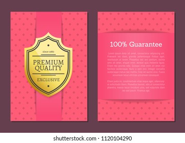 Premium quality guarantee pink patterned posters set with headline and text sample. Product approval and exclusive offer clearance vector illustration