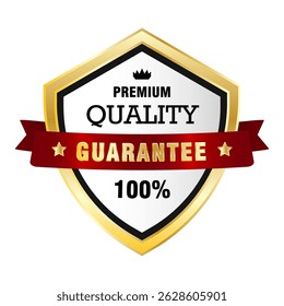 Premium Quality Guarantee Shield Badge with Gold Border and Red Ribbon - Elegant Product Assurance Label with White Background