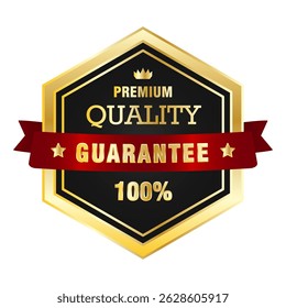 Premium Quality Guarantee Shield Badge with Gold Border and Red Ribbon - Elegant Product Assurance Label with Black Background