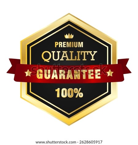 Premium Quality Guarantee Shield Badge with Gold Border and Red Ribbon - Elegant Product Assurance Label with Black Background