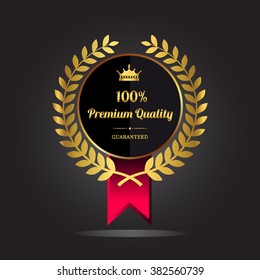 Premium quality guaranteed golden label with crown and ribbon. isolated on black background vector illustration