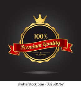 Premium quality guaranteed golden label with crown and ribbon. isolated on black background vector illustration