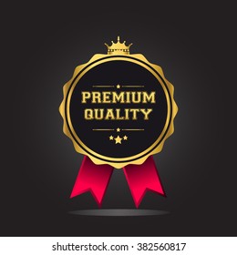 Premium quality guaranteed golden label with crown and ribbon. isolated on black background vector illustration