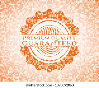 Premium Quality Guaranteed orange tile background illustration. Square geometric mosaic seamless pattern with emblem inside.