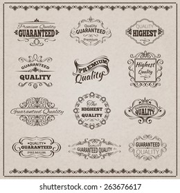 Premium quality guaranteed vintage emblems filigree calligraphic set isolated vector illustration