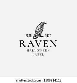 Premium Quality Halloween Logo or Label Template. Hand Drawn Evil Raven or Crow Sketch Symbol and Retro Typography. Isolated.