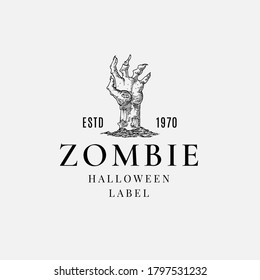 Premium Quality Halloween Logo or Label Template. Hand Drawn Zombie Hand Sketch Symbol and Retro Typography. Isolated.