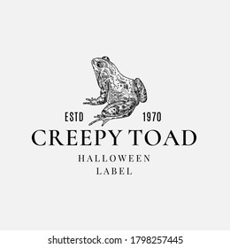 Premium Quality Halloween Logo or Label Template. Hand Drawn Creepy Toad or Frog Sketch Symbol and Retro Typography. Isolated.