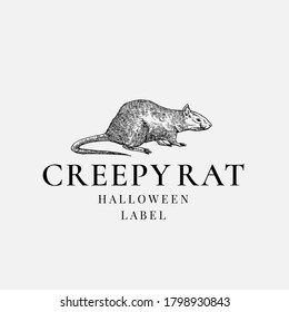 Modelo de logotipo o etiqueta de Halloween de calidad superior. Símbolo de esbozo de rata escarpado a mano y tipografía retro. Aislado.