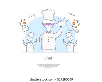 Premium Quality Hand drawn Line Icon And Concept Set: Young professional chefs, Cooking process