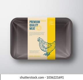 Premium Quality Hen Pack. Abstract Vector Poultry Plastic Tray Container with Cellophane Cover. Packaging Design Label. Modern Typography and Hand Drawn Chicken Silhouette Background Layout. Isolated.