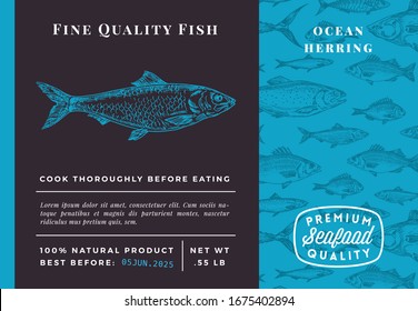 Premium Quality Herring Abstract Vector Packaging Design or Label. Modern Typography and Hand Drawn Sketch Fish Pattern Background Seafood Layout.