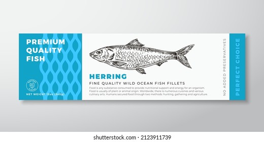 Premium Quality Herring Vector Packaging Label Design. Modern Typography and Hand Drawn Fish Silhouette Seafood Product Background Layout