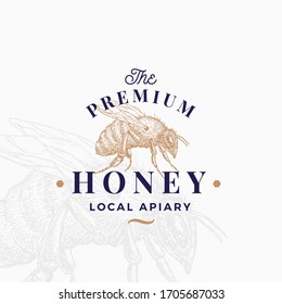 Premium Quality Honey Sign, Symbol or Logo Template. Hand Drawn Bee Sketch with Retro Typography. Local Apiary Vintage Emblem with Background. Isolated.