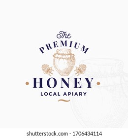 Premium Quality Honey Sign, Symbol or Logo Template. Hand Drawn Pot or Jar and Clover Flowers Sketch with Retro Typography. Local Apiary Vintage Emblem with Background. Isolated.