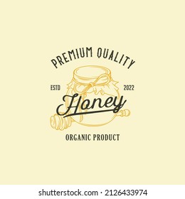 Premium Quality Honey Sign, Symbol or Logo Template. Hand Drawn Jar and wooden stick Sketches with Retro Typography. Local Apiary Vintage Emblem with Background. Isolated.