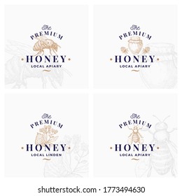 Premium Quality Honey Signs, Symbols or Logo Templates Collection. Hand Drawn Bee, Jar and Clover Sketches with Retro Typography. Local Apiary Vintage Emblems Set with Background. Isolated.