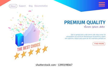 Premium Quality Horizontal Banner with Copy Space. Hand Pointing Thumb Up with Confetti Around and Five Golden Stars Below. Rating Concept. Customer Feedback, 3d Flat Vector Isometric Illustration.