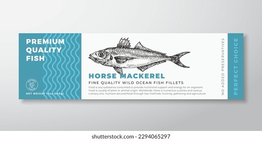 Diseño de etiqueta de empaque de vectores mackere de alta calidad para caballos. Tipografía moderna y diseño de fondo de productos de mariscos de pescado de colada a mano