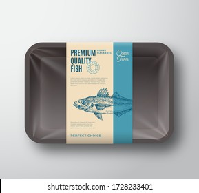 Premium Quality Horse Mackerel. Abstract Vector Plastic Tray with Cellophane Cover Packaging Design Label. Modern Typography and Hand Drawn Fish Silhouette Background Layout. Isolated.