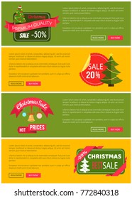 Premium quality hot price ?hristmas sale card vector illustration isolated on yellow and green backgrounds, ad text, tree ribbons push-buttons toys