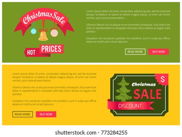 Premium quality hot price ?hristmas sale card vector illustration isolated on yellow and green backgrounds, ad text, tree ribbons push-buttons toys