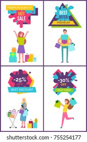 Premium quality hot sale, best offer and discount only today, set of posters with text above and images of shopping people below vector illustration
