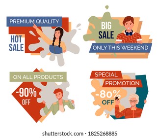 Premium quality, hot sale. Big sale, only this weekend. On all products 90% off. Special promotion, 80 percent off. Promotional banner, posters with young guys and girl. Sale of products, goods, gifts