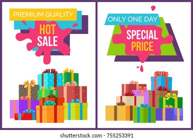 Premium quality hot sale, special price only one day, set of placards with lots of boxes with ribbons and bows and titles vector illustration