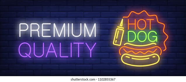 Premium quality hotdog neon sign. Sausage, bun and mustard. Vector illustration in neon style for fast food cafe or street food signboard