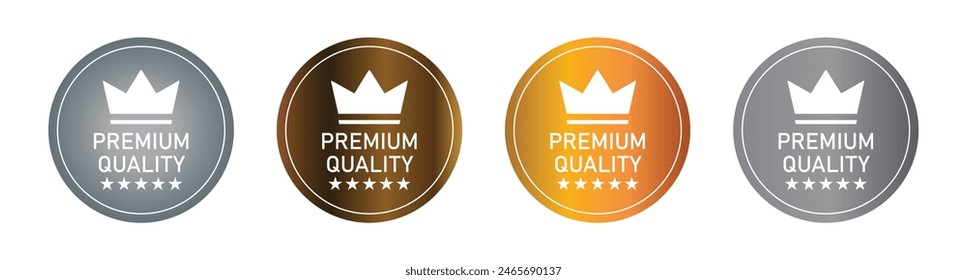 Premium quality icon badges. Premium quality icon with crown and stars. Premium quality gradients badges. Premium quality seal or label flat icon. Set of vip, badges in gold, silver and bronze color.