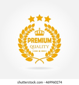 Premium quality icon, label, or sign with laurel wreath, crown and stars. Vintage design. Vector illustration.