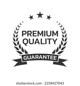Premium quality icon or logo design with laurel wreath, stars and guarantee ribbon. Gold business label. Vector illustration.