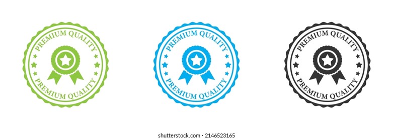 Premium quality icon set. Medal badge with star and ribbons. Premium product stamps of best quality logo. Flat vector illustration.