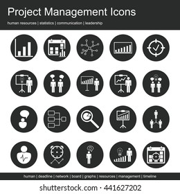Premium quality icon sets of project management, human resources, communication and statistics icons. Modern web symbol collection.