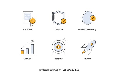 Ícones de qualidade Premium. Crescimento e gráficos de destino. Lançamento, certificação e soluções personalizadas. Ícones de traçado editáveis de vetor.