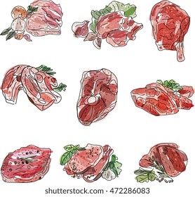 Premium quality icons set of meat cuts assortment. Isolated on white.