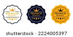 Premium quality label. Best quality flat vector badges. Premium icon with crown and stars. Vector illustration. Round label with three level quality. Vip icon in flat style