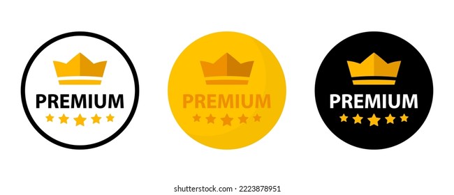 Premium quality label. Best quality flat vector badges. Premium icon with crown and stars. Vector illustration. Round label with three level quality. Vip icon in flat style