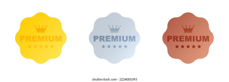 Etiqueta de calidad superior. Bandas vectoriales planas de mejor calidad. Icono premium con corona y estrellas. Ilustración vectorial. Etiqueta redonda de tres niveles de calidad. Icono Vip en estilo plano