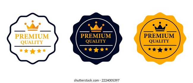Premium quality label. Best quality flat vector badges. Premium icon with crown and stars. Vector illustration. Round label with three level quality. Vip icon in flat style