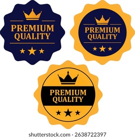 Premium quality label. Best quality flat vector badges. Premium icon with crown and stars. Vector illustration. Round label with three level quality. Vip icon in flat style