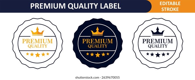 Premium Quality Label Icons – Flat Vector Badges with Crown, Stars And VIP Round Emblems.