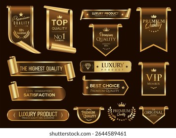 Aufkleber für Premium-Gütesiegel Braun und Gold mit Plaketten und Symbolen Nummer 1 und Lorbeerkranz für das beste Produkt 
