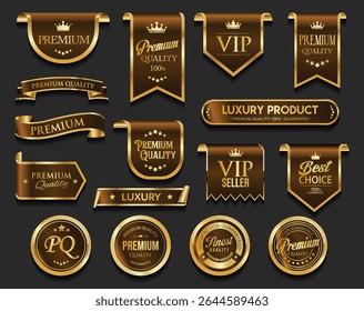 Etiqueta engomada de la calidad de Premium insignias e iconos marrones y dorados con el número 1 y corona de laurel para el mejor producto 