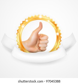 Premium Quality label with white ribbon and hand in gold frame. Vector illustration.