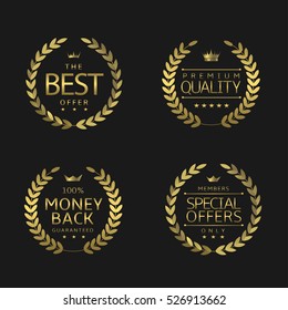 Premium quality labels. Golden laurel wreaths, Best offer Premium quality Money back Special offers