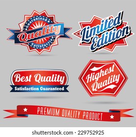 premium quality labels in red and blue