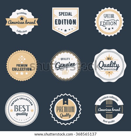 Premium quality labels set. Brands design elements, emblems, logo, badges and stickers. Isolated vector illustration.